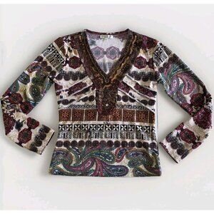 Good Look Top Women OS Multicolor LS Paisley Sequin Beads Floral Tribal Y2K Boho